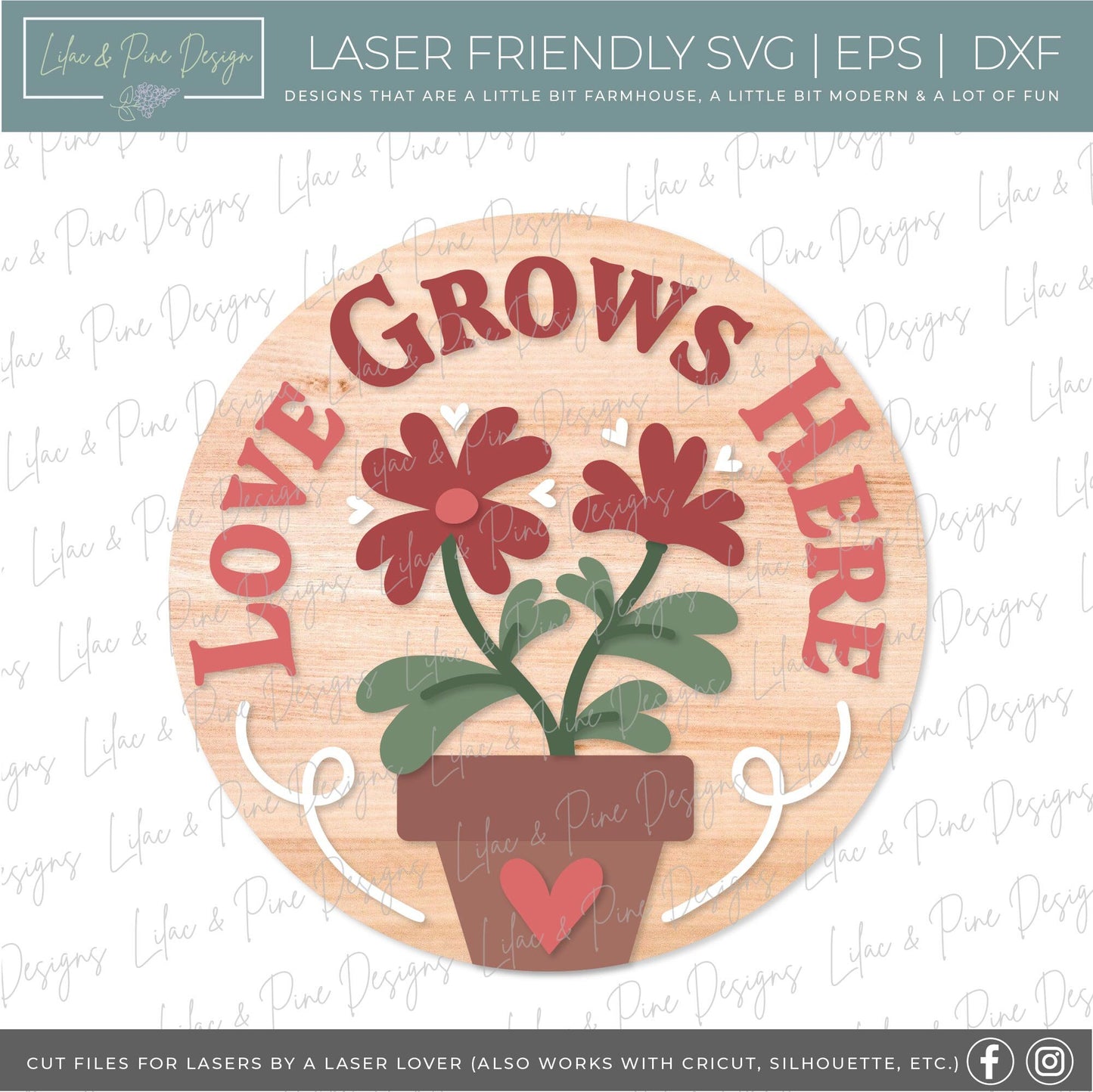 love grows here SVG, Valentine door hanger, Valentines Welcome, door round SVG, Valentines Day decor, Glowforge SVG, laser cut file, Cricut
