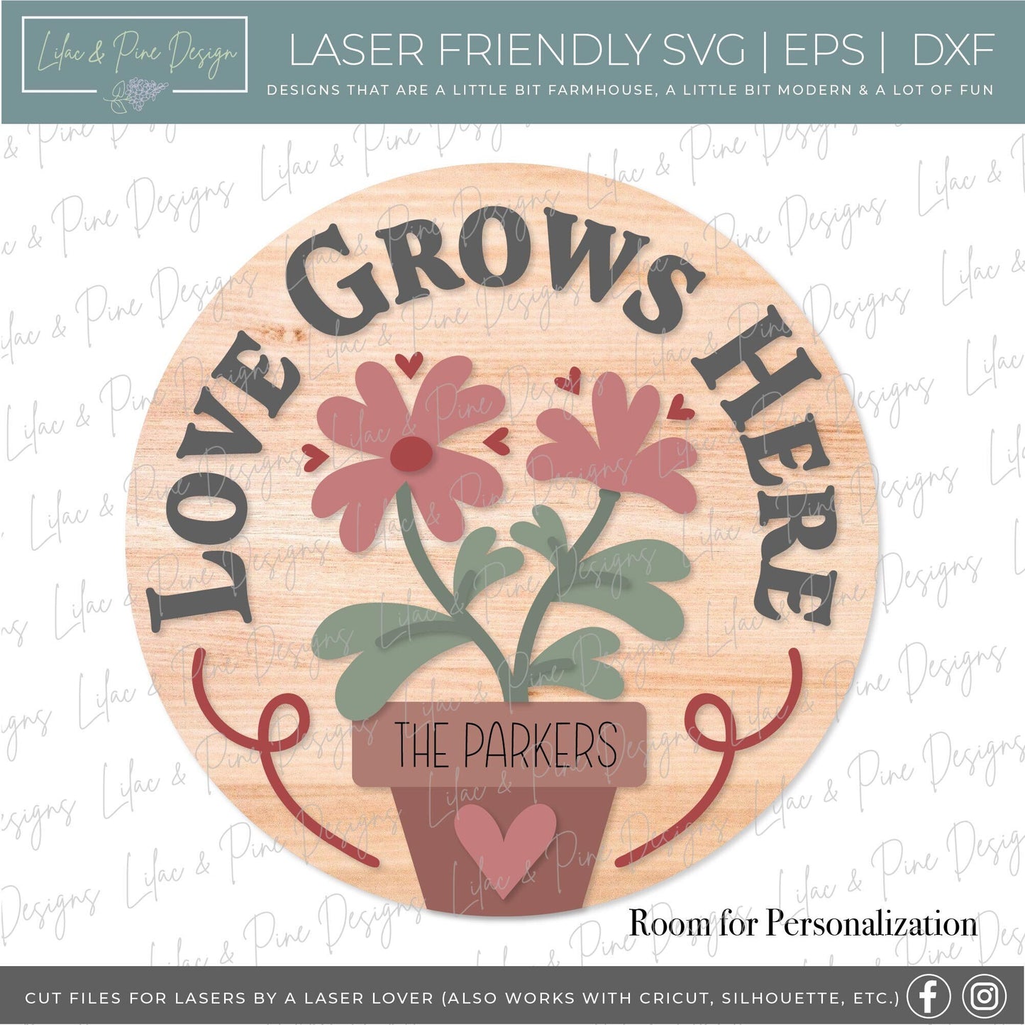love grows here SVG, Valentine door hanger, Valentines Welcome, door round SVG, Valentines Day decor, Glowforge SVG, laser cut file, Cricut