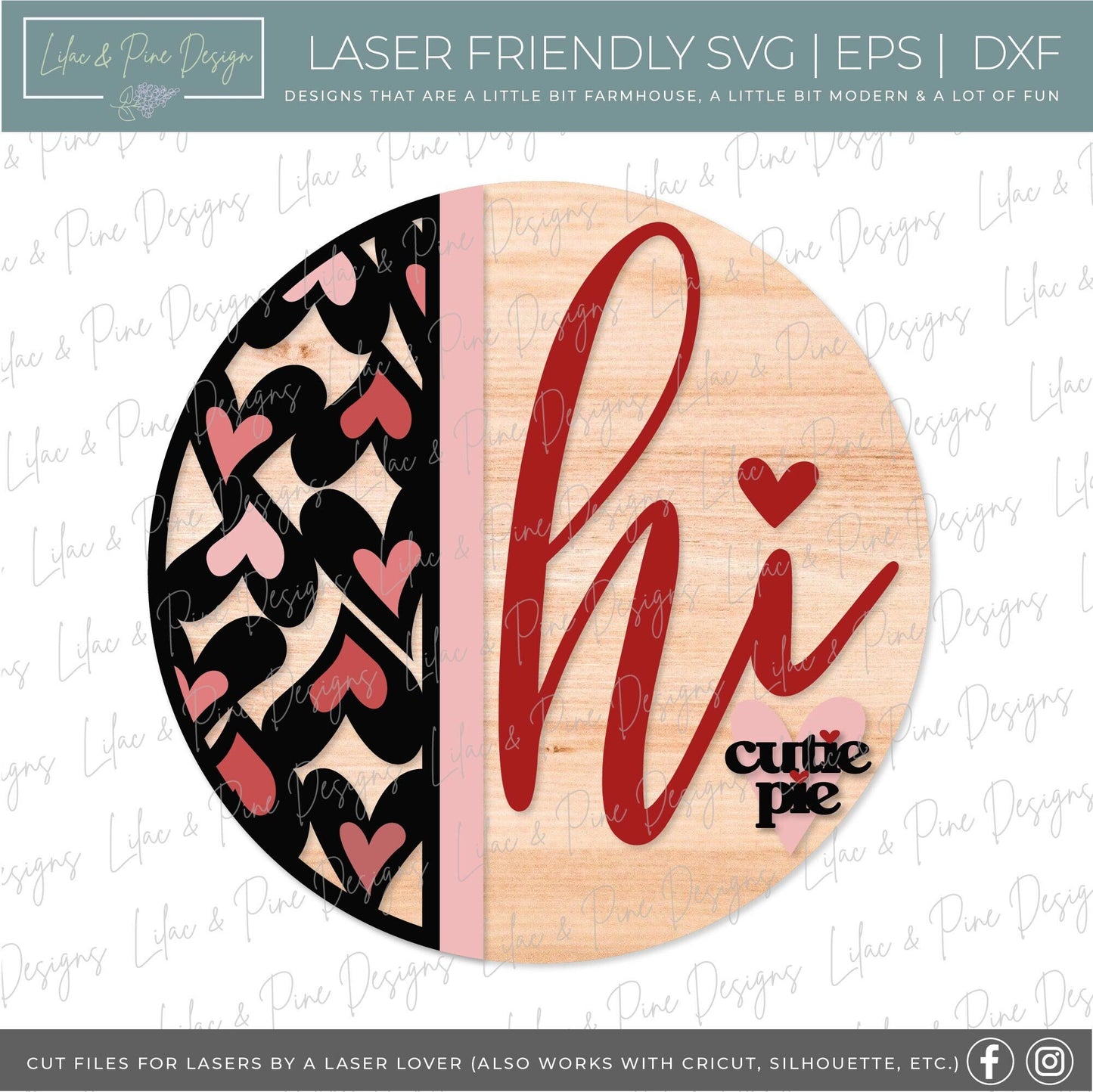 Hi Cutie Pie sign SVG, Valentine door hanger, Valentines Welcome, door round SVG, Valentines Day decor, Glowforge SVG, laser cut file
