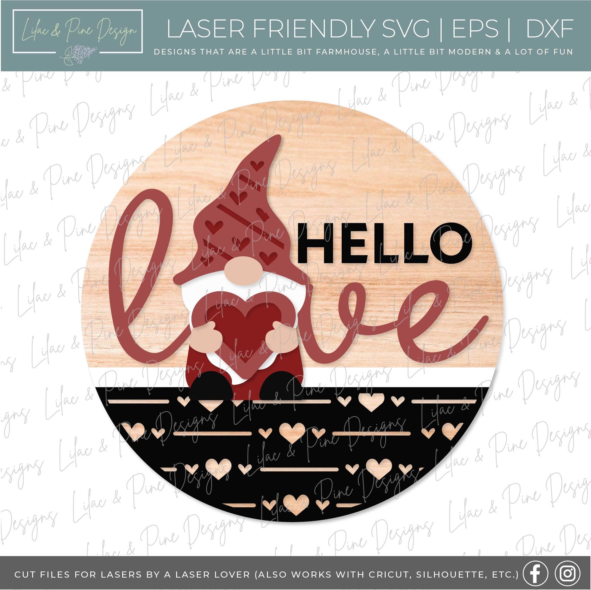 Valentine Gnome door hanger SVG, hello love door hanger SVG, Valentine's Day Welcome sign, Valentine decor, Glowforge Svg, laser cut file
