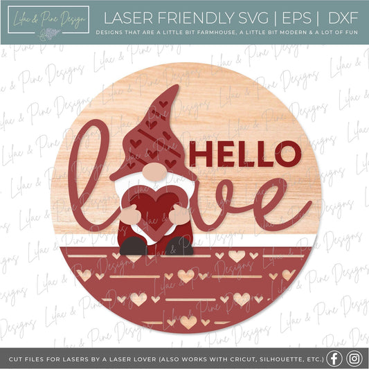 Valentine Gnome door hanger SVG, hello love door hanger SVG, Valentine's Day Welcome sign, Valentine decor, Glowforge Svg, laser cut file