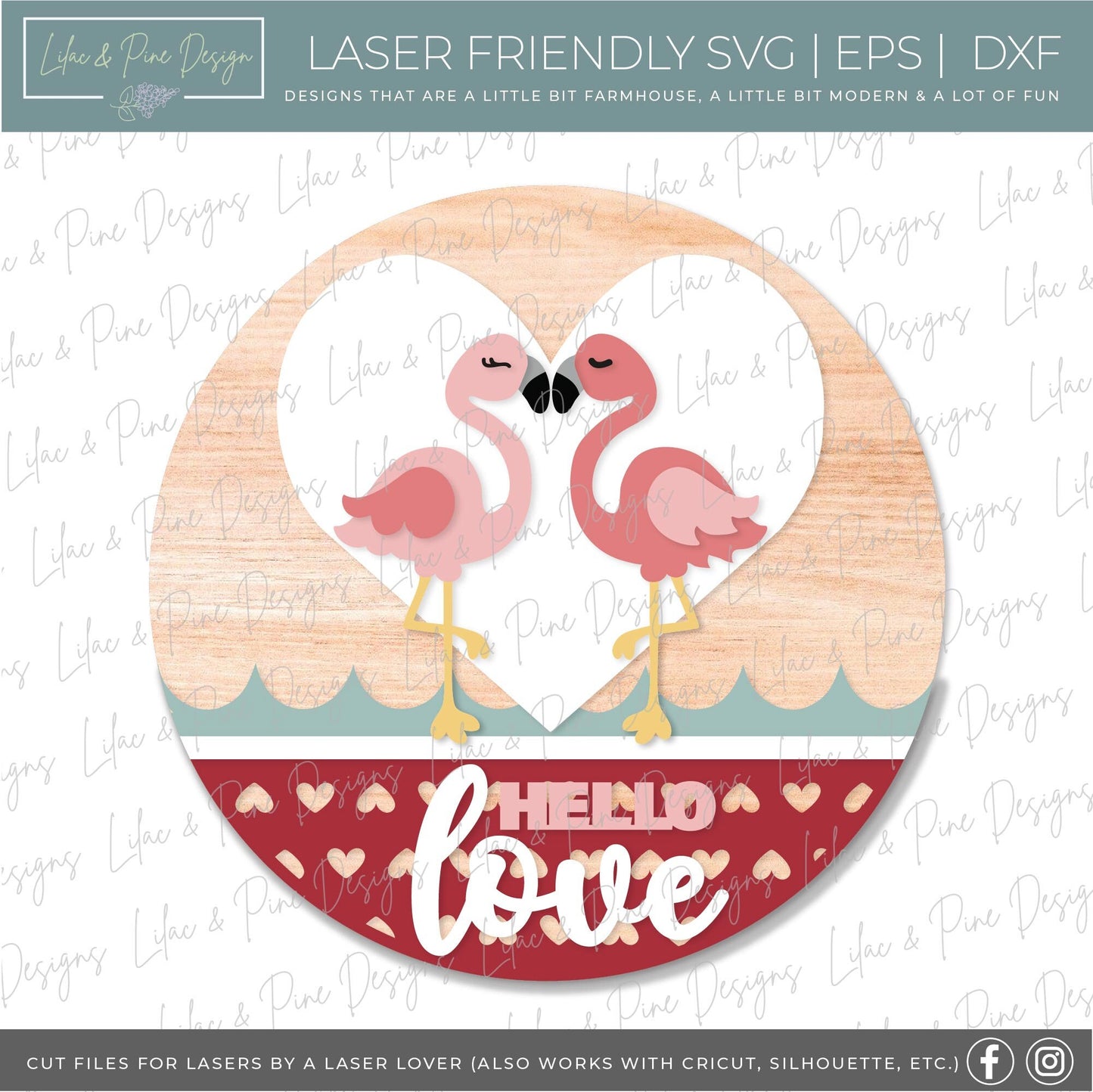 Flamingo door hanger SVG, Valentine round sign, Hello Love Welcome sign, Valentine's Day decor svg, Glowforge SVG, laser cut file