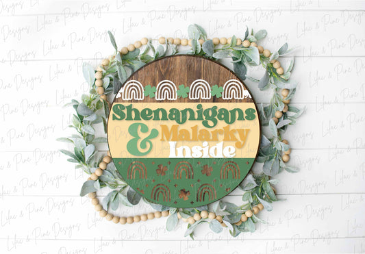 Shenanigans sign SVG, St Patricks Day door hanger, Shamrock Welcome sign SVG, lucky rainbow round door sign, Glowforge SVG, laser cut file
