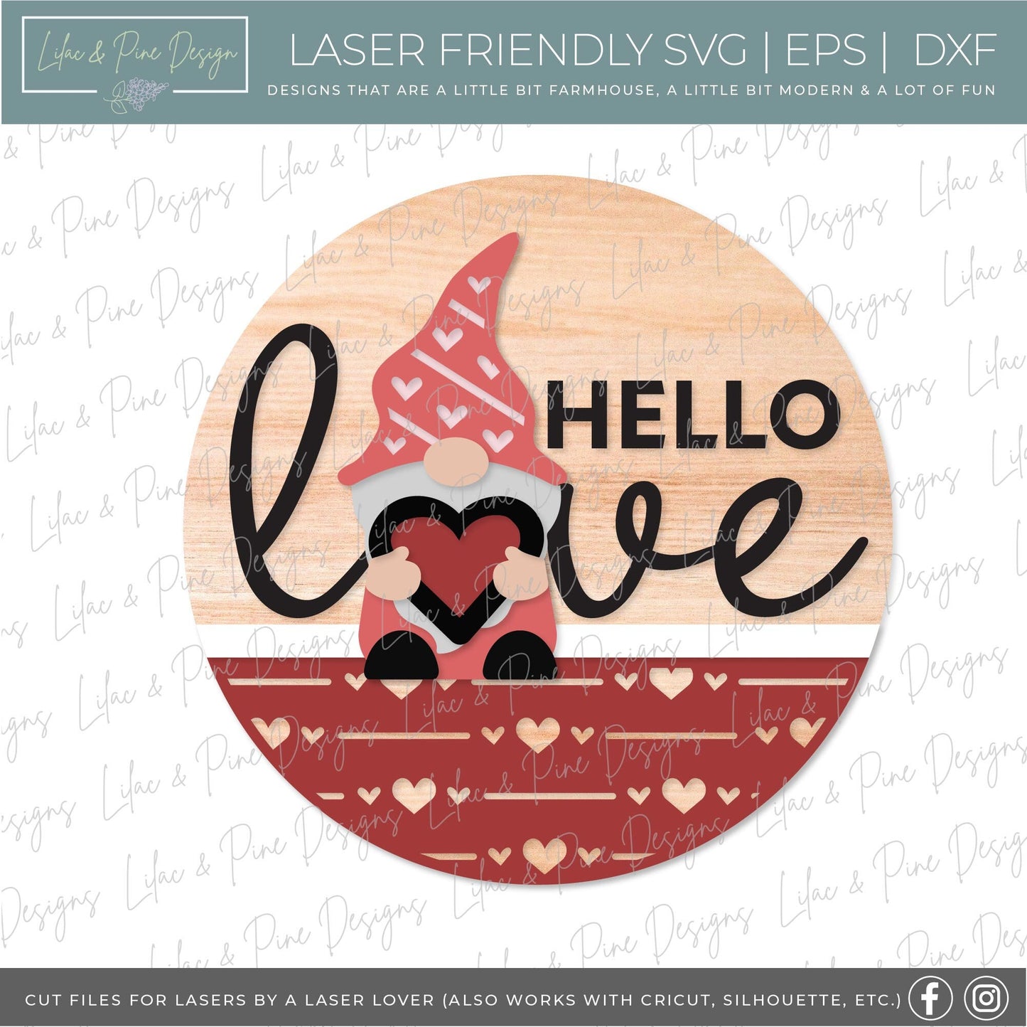 Valentine Gnome door hanger SVG, hello love door hanger SVG, Valentine's Day Welcome sign, Valentine decor, Glowforge Svg, laser cut file