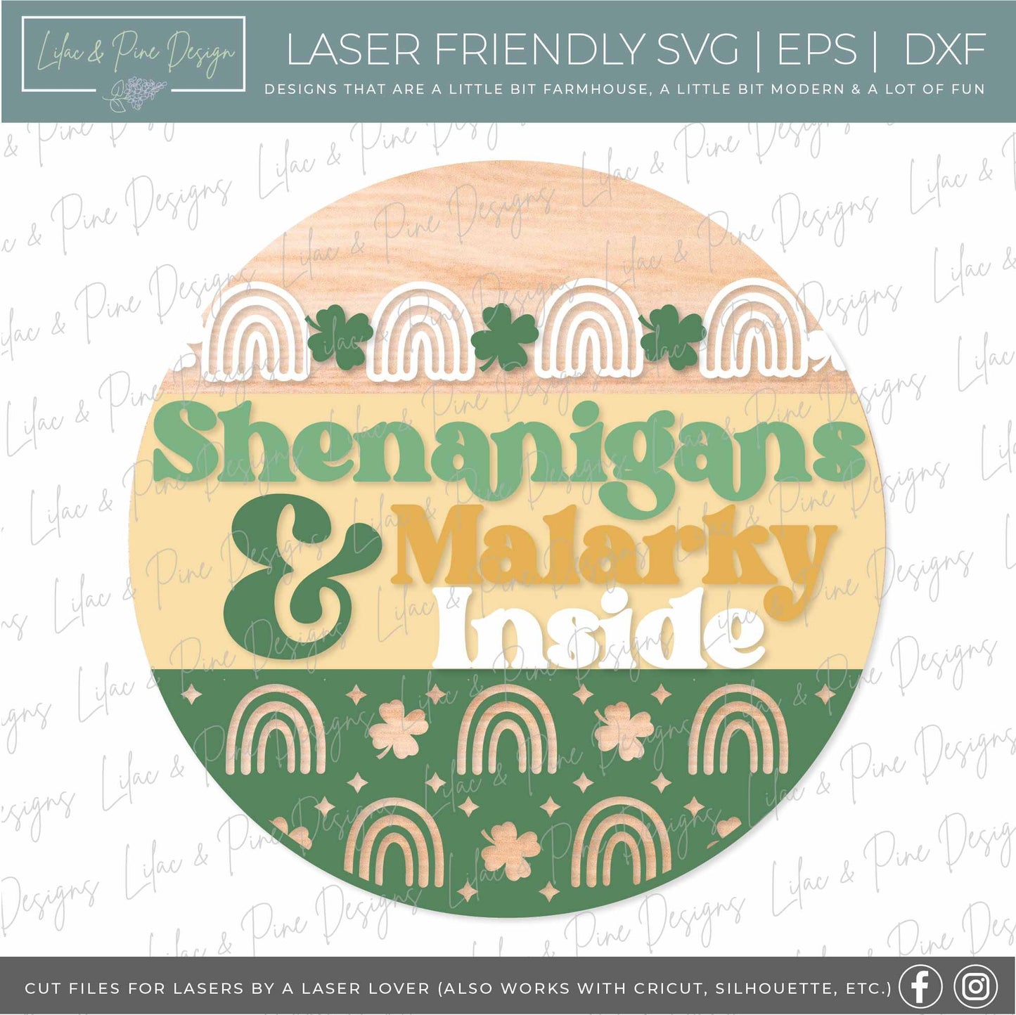 Shenanigans sign SVG, St Patricks Day door hanger, Shamrock Welcome sign SVG, lucky rainbow round door sign, Glowforge SVG, laser cut file