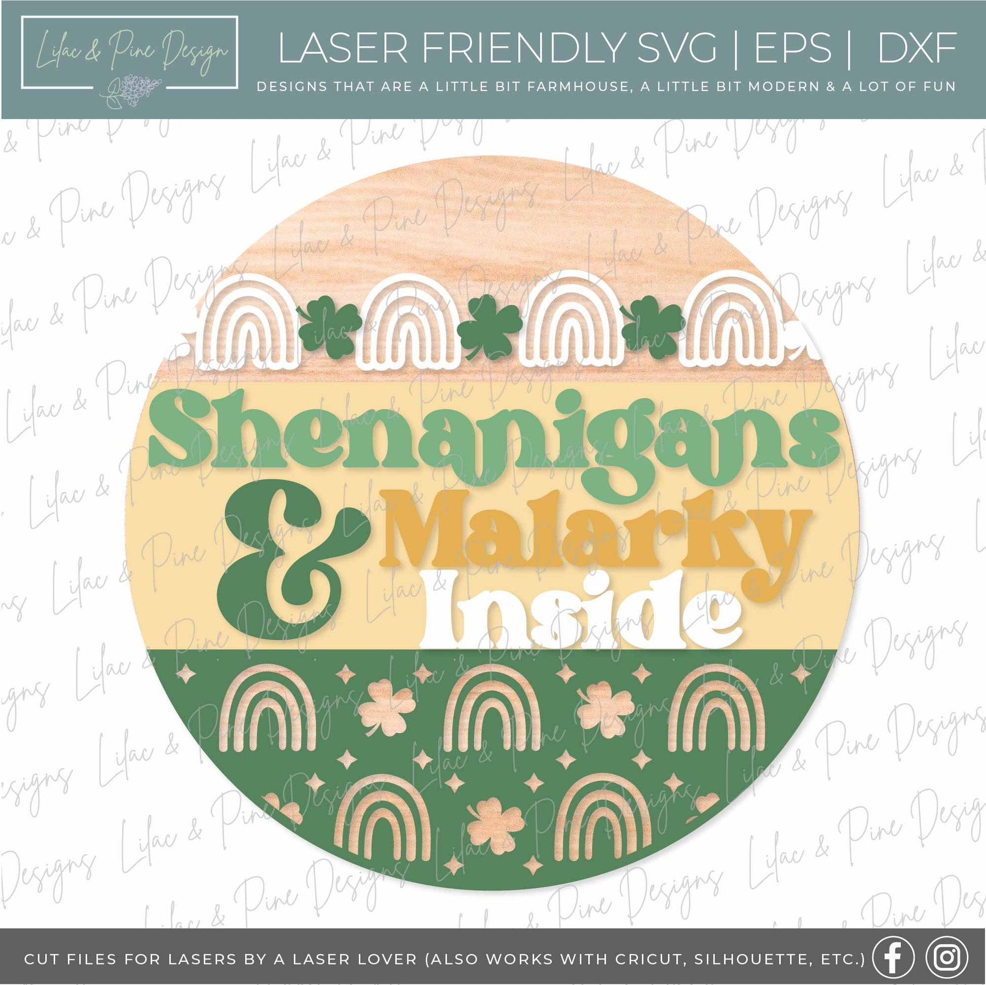 Shenanigans sign SVG, St Patricks Day door hanger, Shamrock Welcome sign SVG, lucky rainbow round door sign, Glowforge SVG, laser cut file