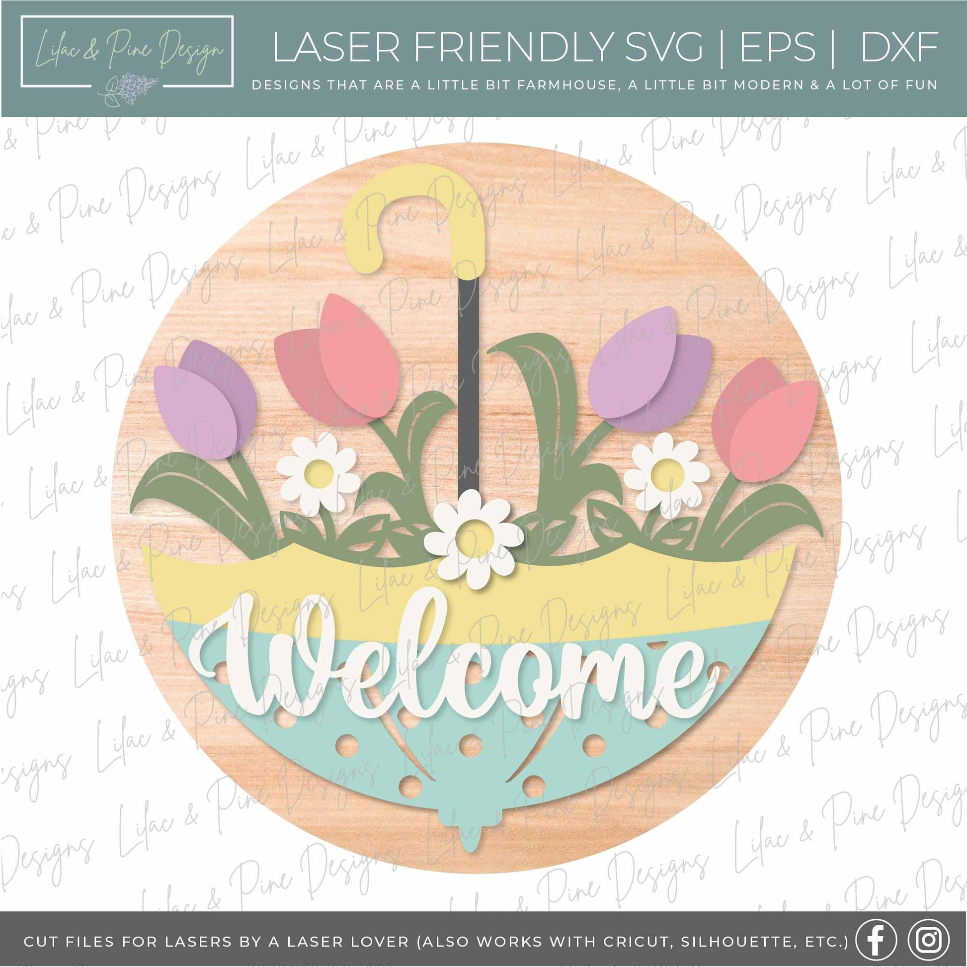 spring welcome sign SVG, umbrella door hanger, umbrella Welcome SVG, spring decor, round door hanger, Cricut, Glowforge SVG, laser cut file