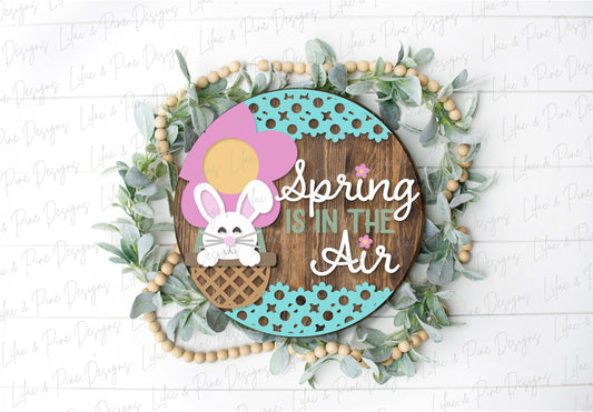 spring is in the air sign SVG, bunny door hanger, bunny welcome sign SVG, spring wall art, round door sign, Glowforge SVG, laser cut file