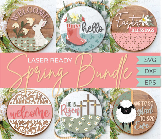 Spring welcome sign SVG, Easter door hanger bundle, Easter sign svg, bunny welcome svg, lamb svg, he is risen, Glowforge SVG, laser cut file