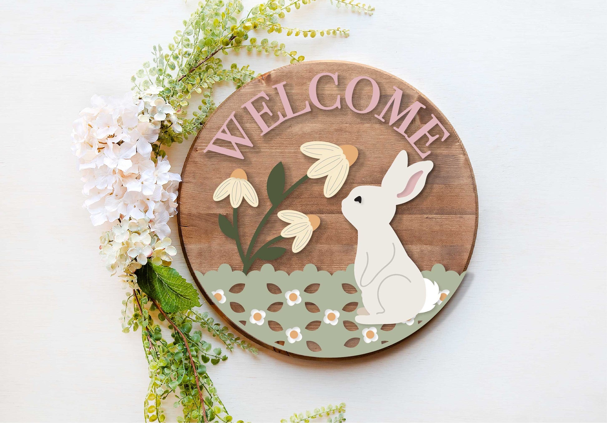 spring welcome sign SVG, spring bunny door hanger, floral Welcome sign SVG, spring decor, Easter door hanger, Glowforge SVG, laser cut file