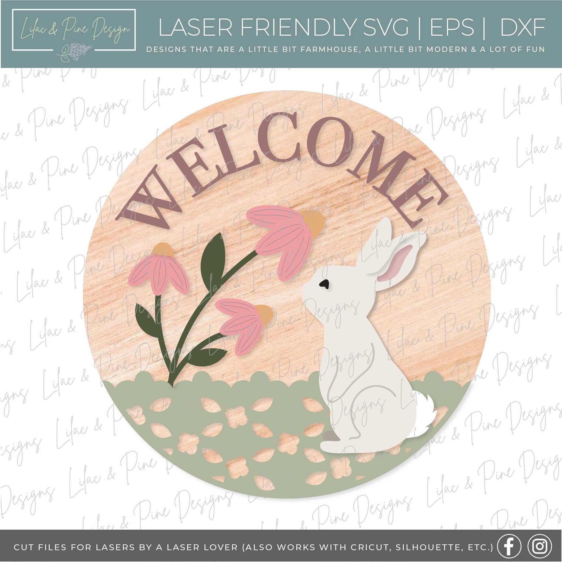 spring welcome sign SVG, spring bunny door hanger, floral Welcome sign SVG, spring decor, Easter door hanger, Glowforge SVG, laser cut file