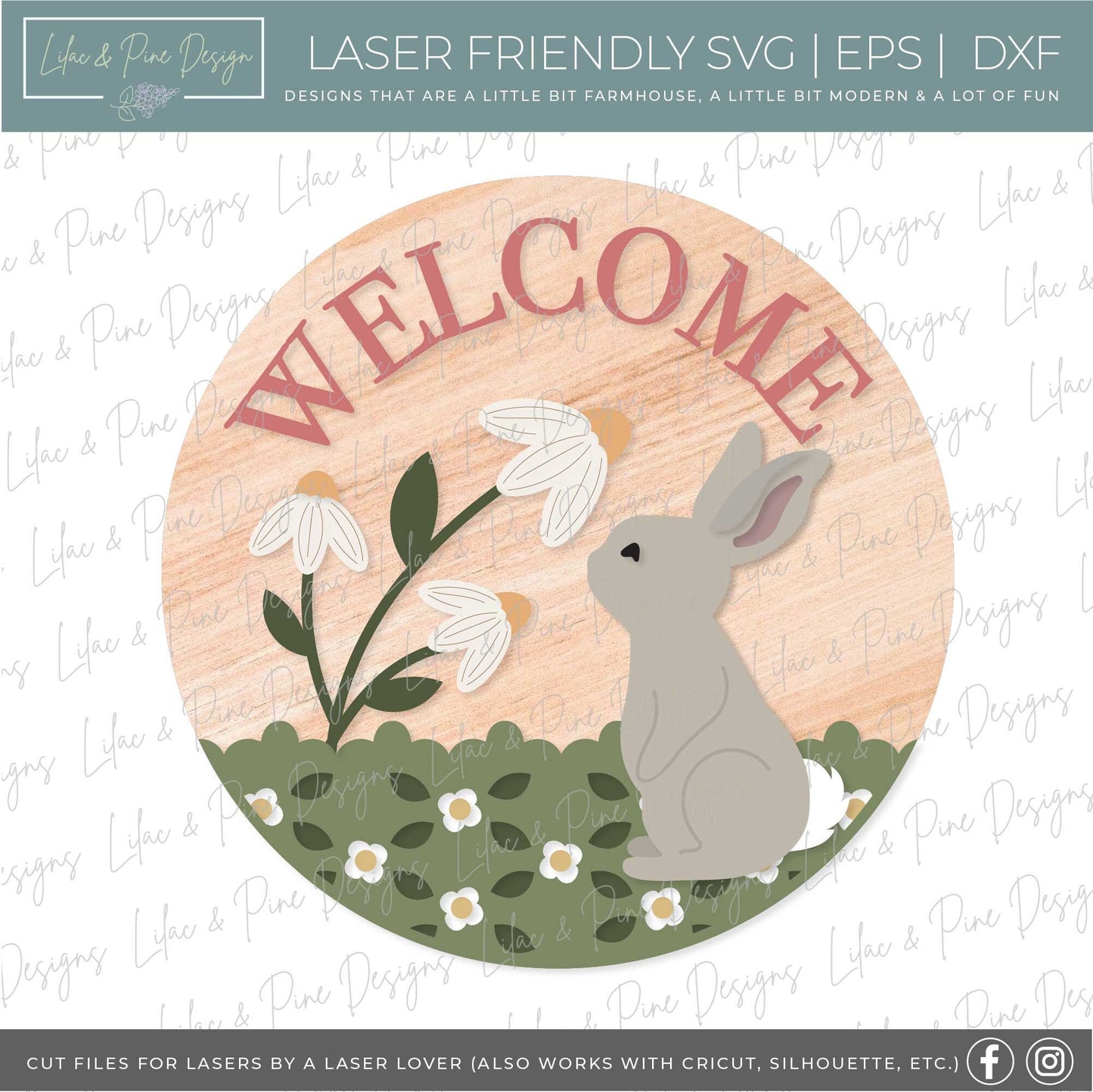spring welcome sign SVG, spring bunny door hanger, floral Welcome sign SVG, spring decor, Easter door hanger, Glowforge SVG, laser cut file