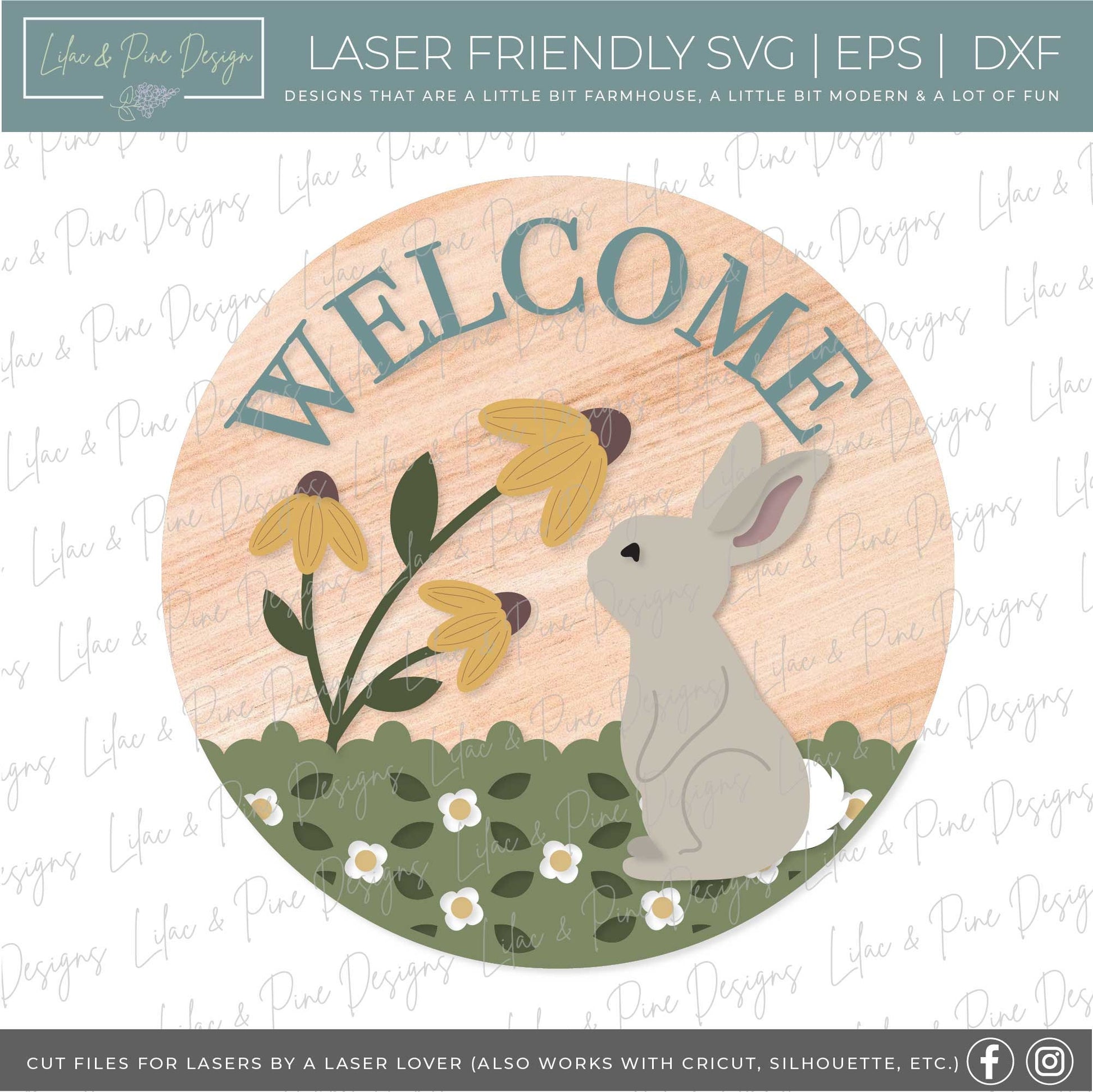 spring welcome sign SVG, spring bunny door hanger, floral Welcome sign SVG, spring decor, Easter door hanger, Glowforge SVG, laser cut file