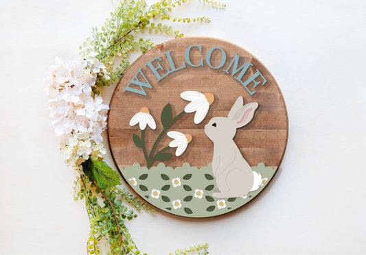 spring welcome sign SVG, spring bunny door hanger, floral Welcome sign SVG, spring decor, Easter door hanger, Glowforge SVG, laser cut file