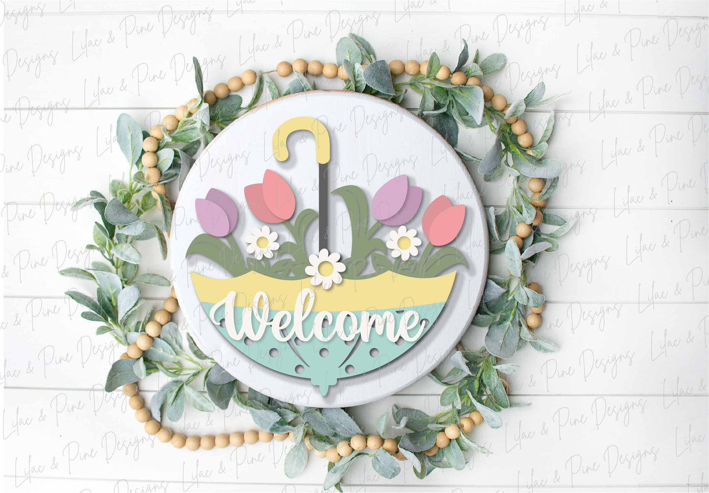 spring welcome sign SVG, umbrella door hanger, umbrella Welcome SVG, spring decor, round door hanger, Cricut, Glowforge SVG, laser cut file