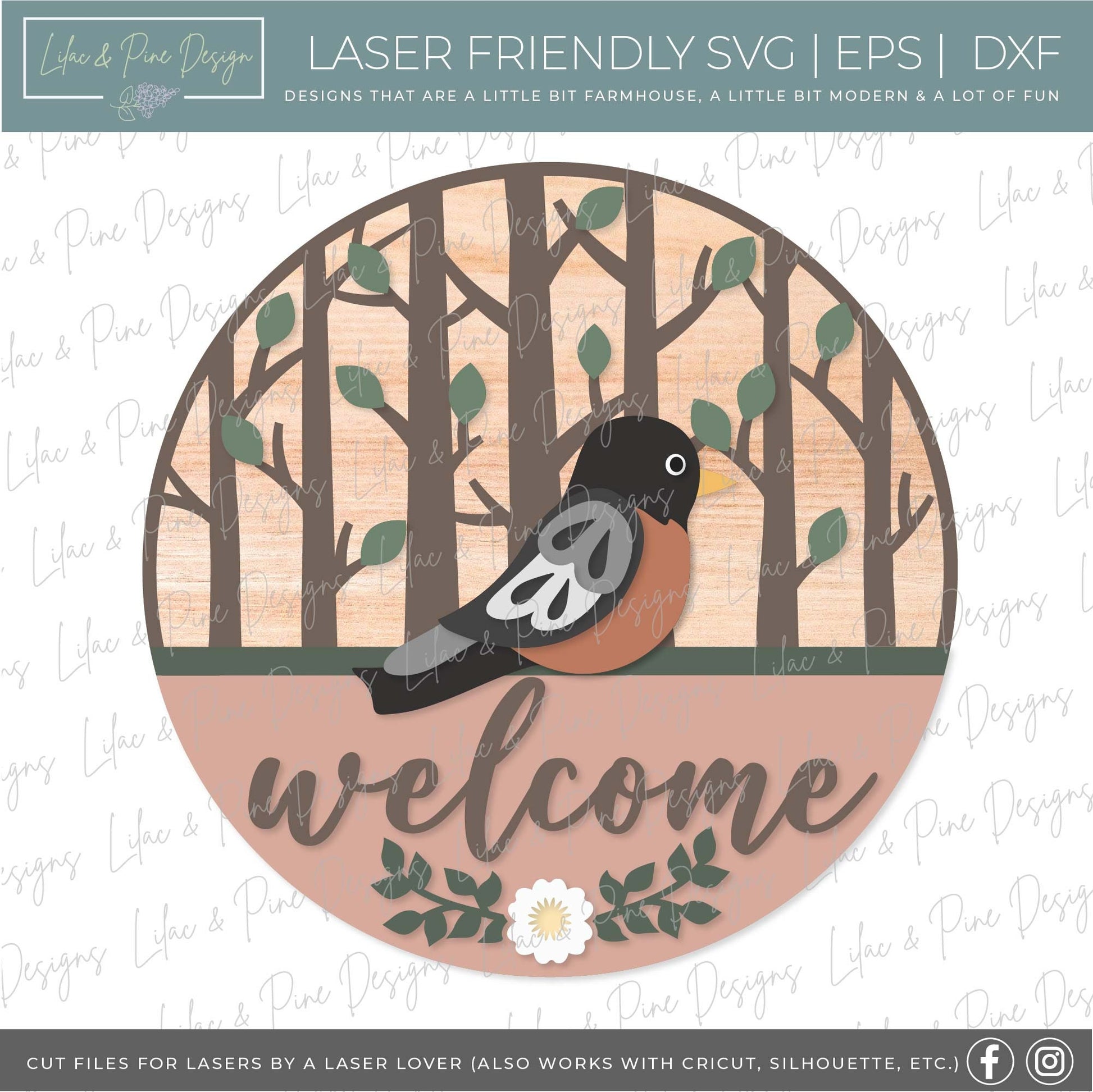 spring welcome sign SVG, robin door hanger, bird Welcome SVG, spring decor, round door hanger, Cricut, Glowforge SVG, laser cut file
