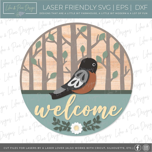 spring welcome sign SVG, robin door hanger, bird Welcome SVG, spring decor, round door hanger, Cricut, Glowforge SVG, laser cut file