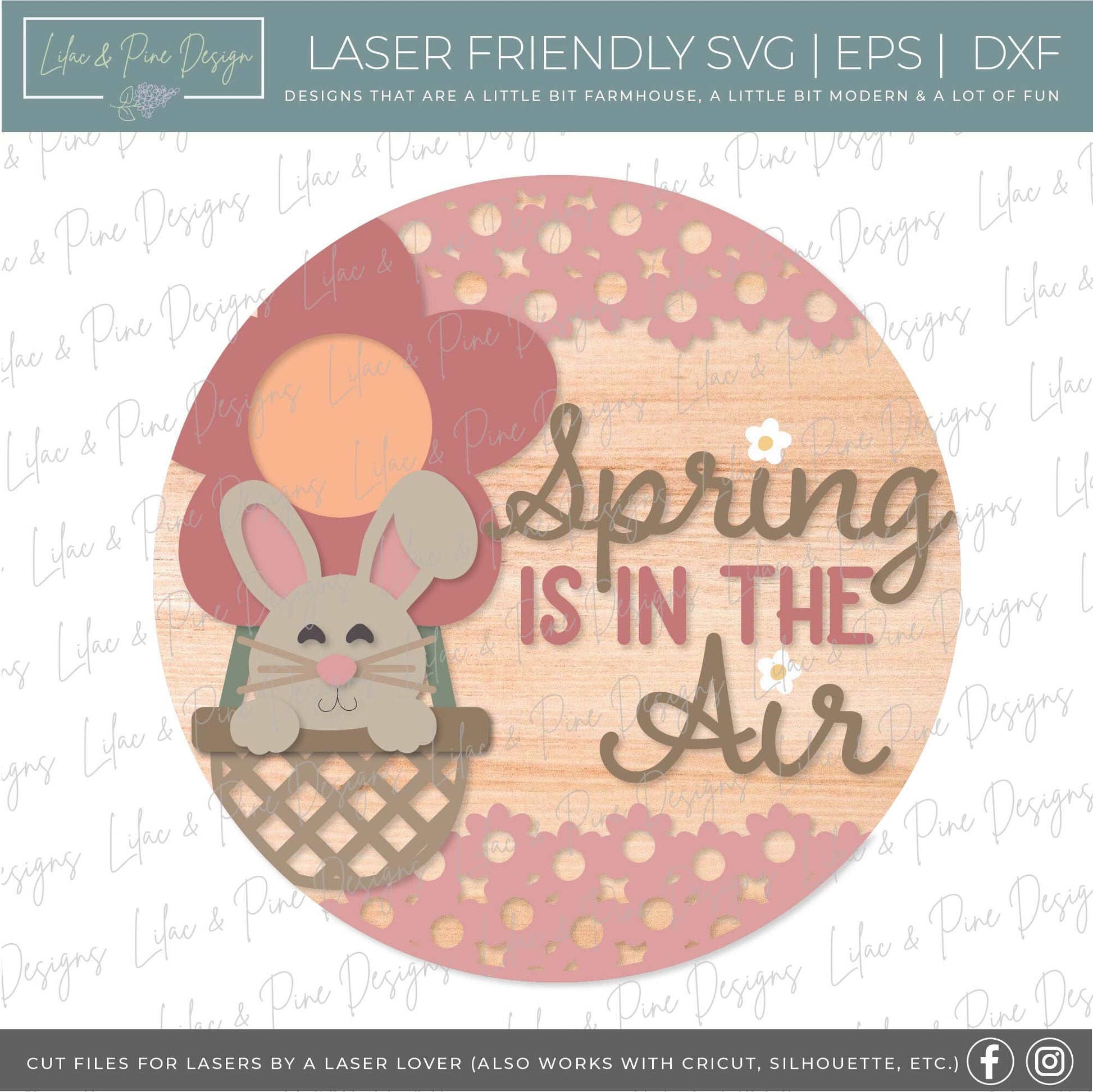 spring is in the air sign SVG, bunny door hanger, bunny welcome sign SVG, spring wall art, round door sign, Glowforge SVG, laser cut file