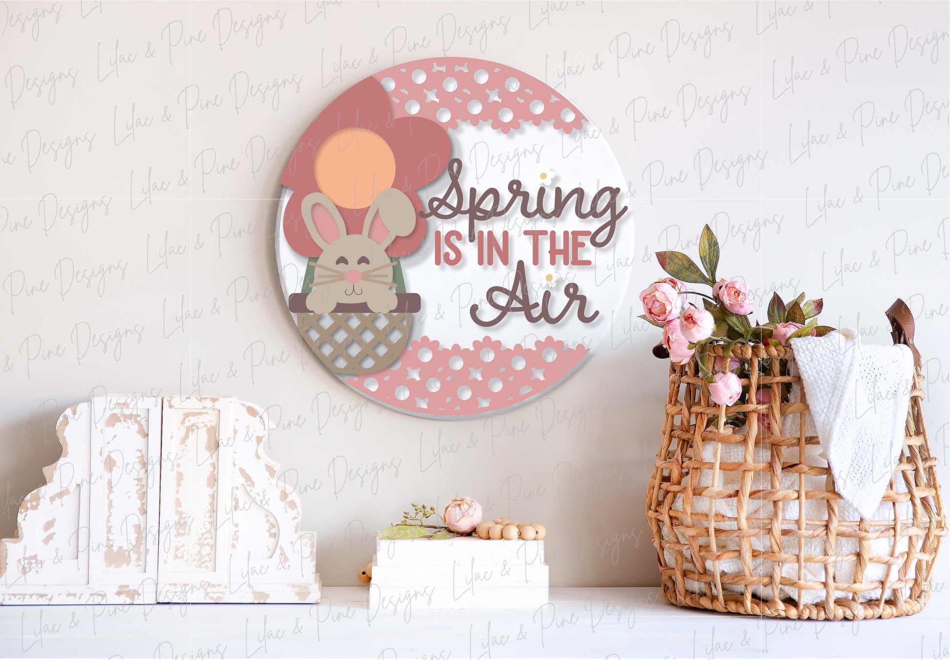 spring is in the air sign SVG, bunny door hanger, bunny welcome sign SVG, spring wall art, round door sign, Glowforge SVG, laser cut file
