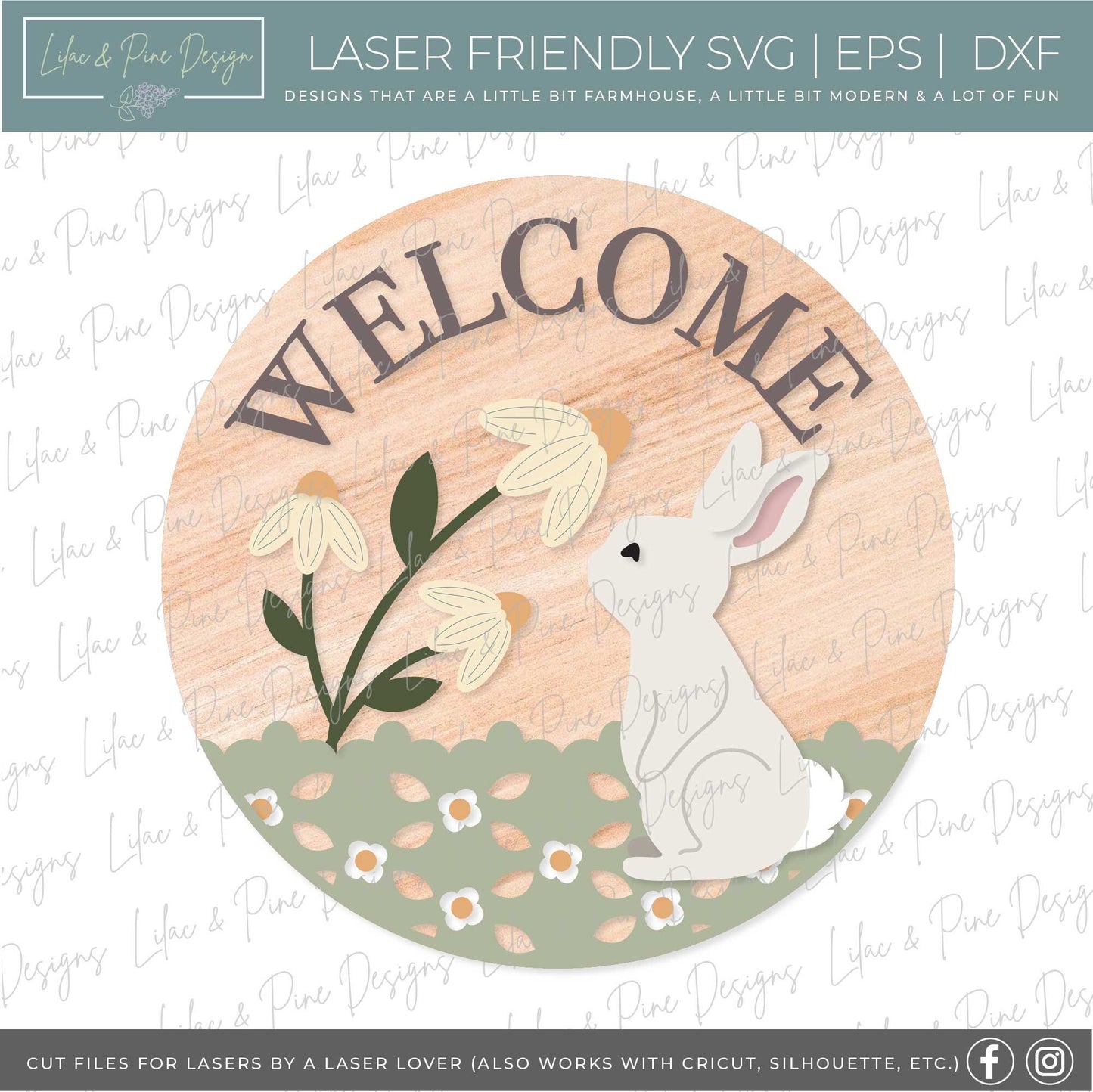 spring welcome sign SVG, spring bunny door hanger, floral Welcome sign SVG, spring decor, Easter door hanger, Glowforge SVG, laser cut file