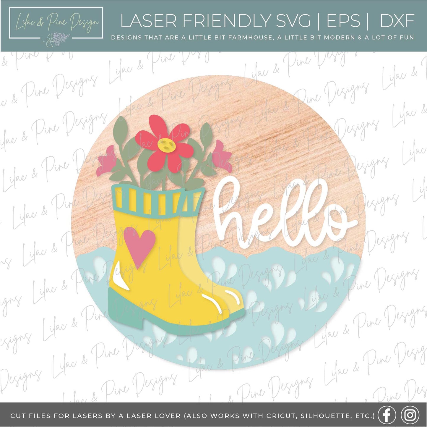 spring welcome sign SVG, rain boot door hanger, floral hello sign SVG, spring decor, floral door round svg, Glowforge SVG, laser cut file