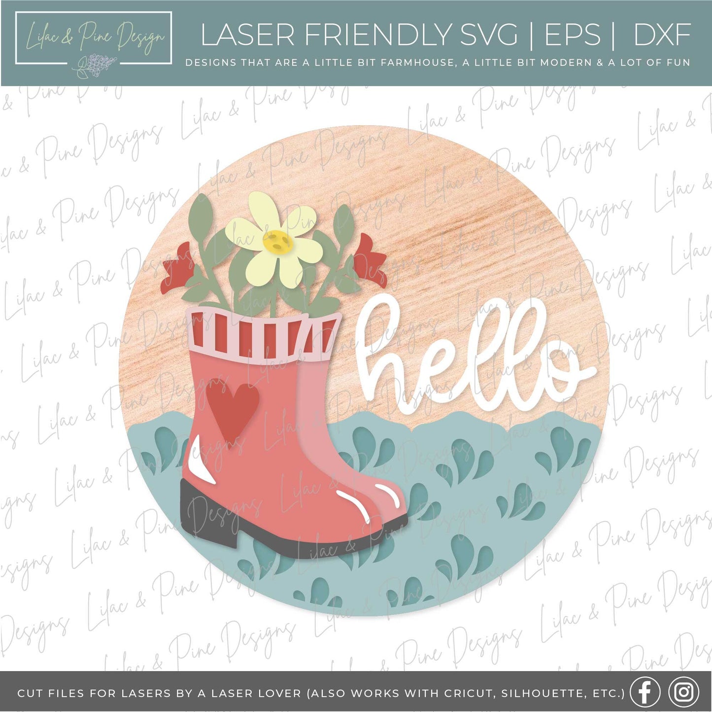 spring welcome sign SVG, rain boot door hanger, floral hello sign SVG, spring decor, floral door round svg, Glowforge SVG, laser cut file
