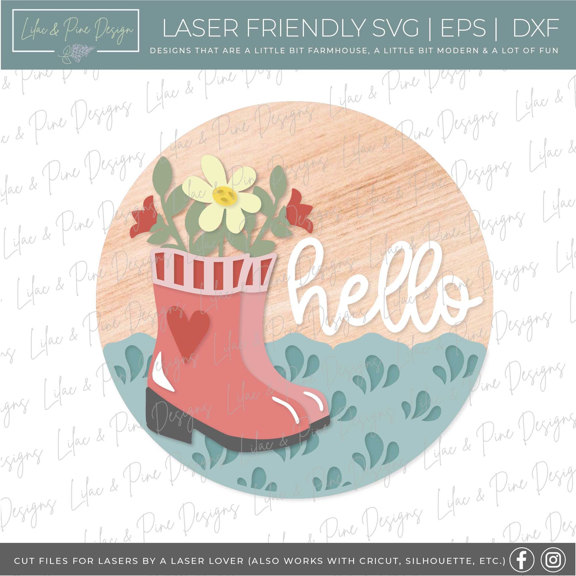spring welcome sign SVG, rain boot door hanger, floral hello sign SVG, spring decor, floral door round svg, Glowforge SVG, laser cut file