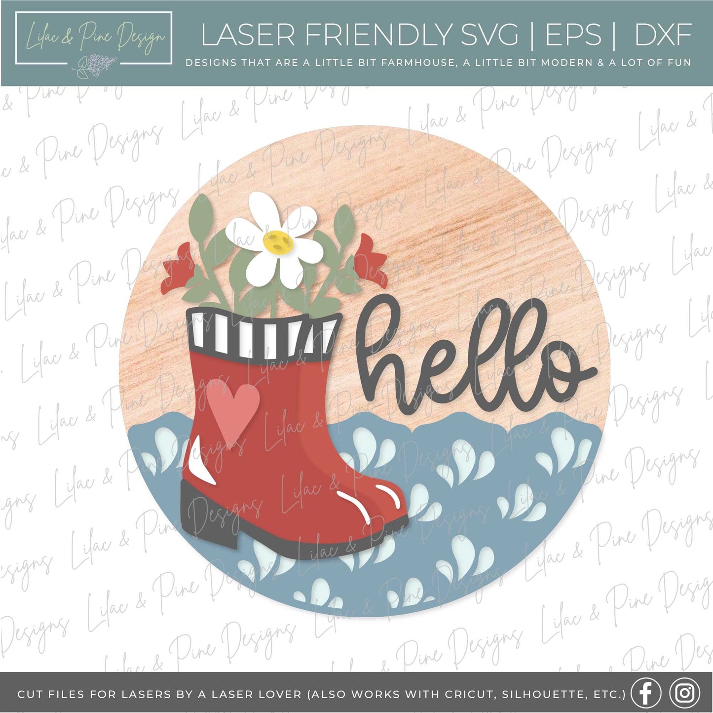 spring welcome sign SVG, rain boot door hanger, floral hello sign SVG, spring decor, floral door round svg, Glowforge SVG, laser cut file