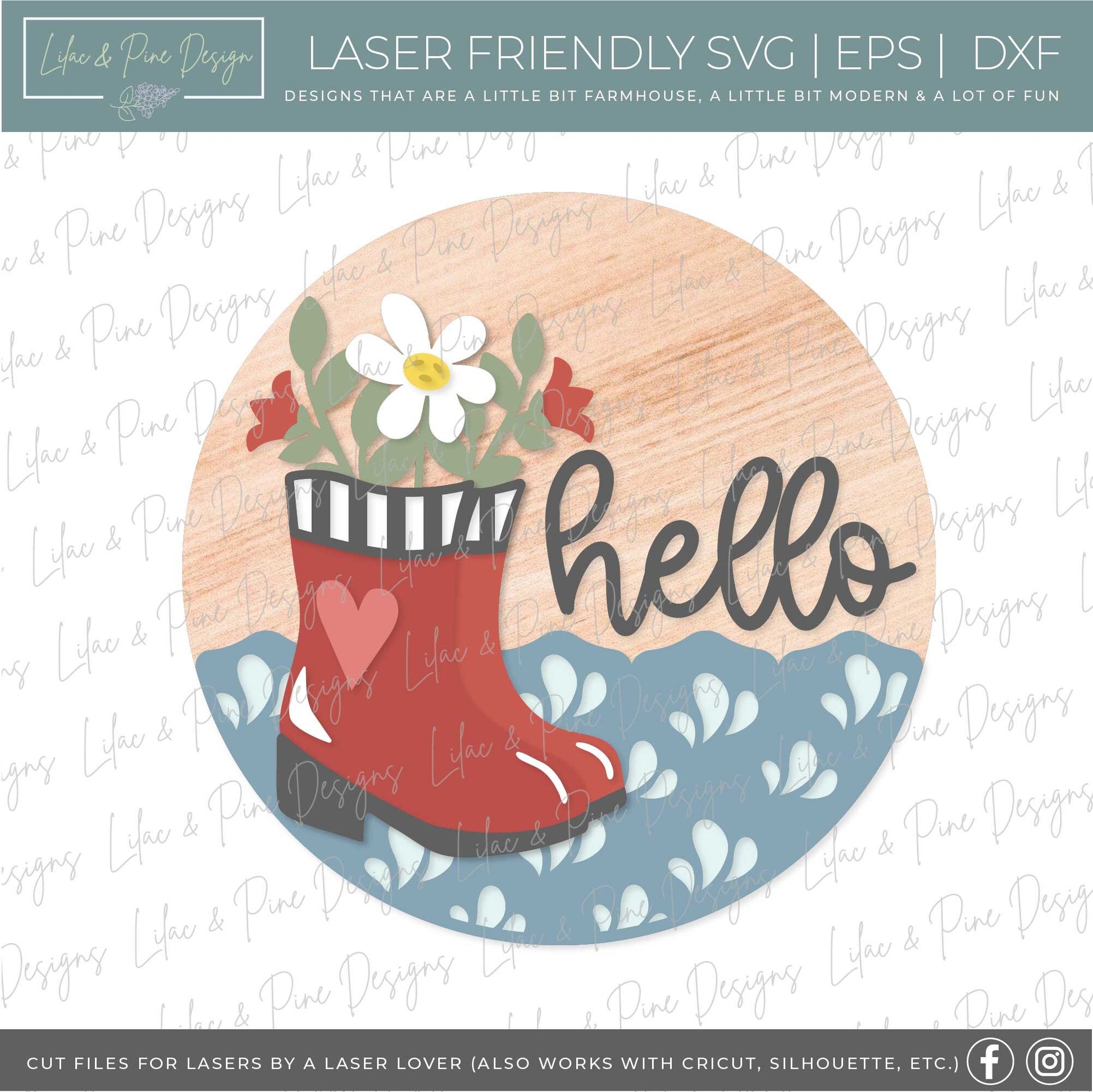 spring welcome sign SVG, rain boot door hanger, floral hello sign SVG, spring decor, floral door round svg, Glowforge SVG, laser cut file