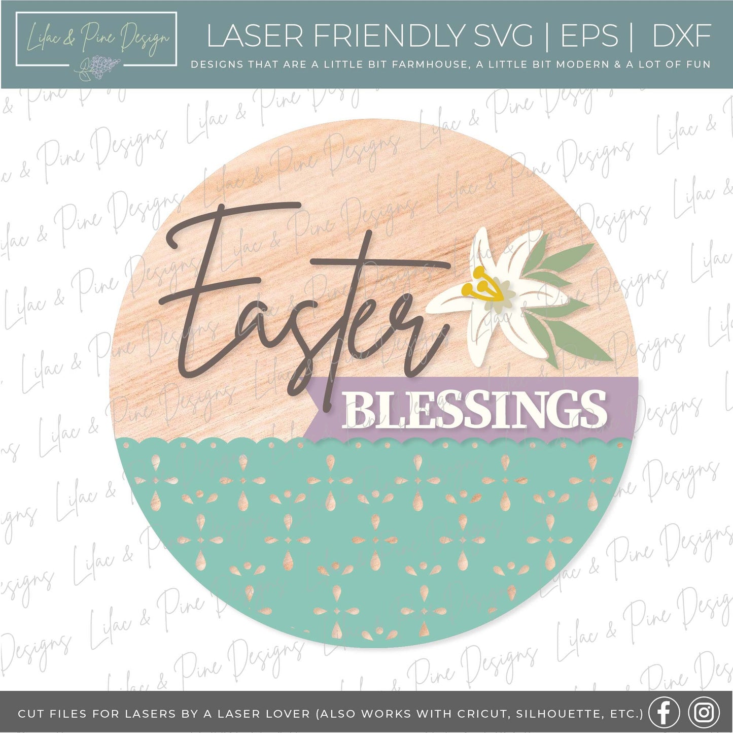 Easter Blessings sign SVG, Easter lily door hanger, Easter Welcome sign SVG, Easter decor, Easter wall decor, Glowforge SVG, laser cut file