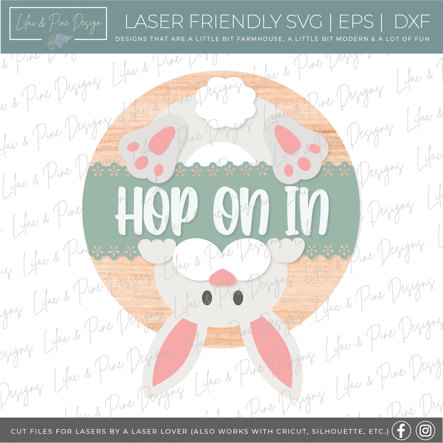 Hop on in sign SVG, bunny welcome sign SVG, Easter bunny door hanger svg, spring decor, Easter wall art, Glowforge SVG, laser cut file