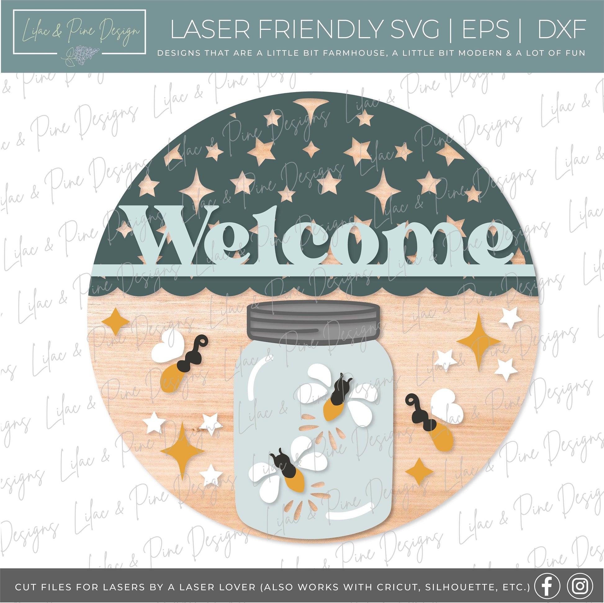 Firefly welcome sign SVG, Lightning bug door hanger svg, Summer Welcome sign SVG,  Summer porch decor, Glowforge SVG, laser cut file