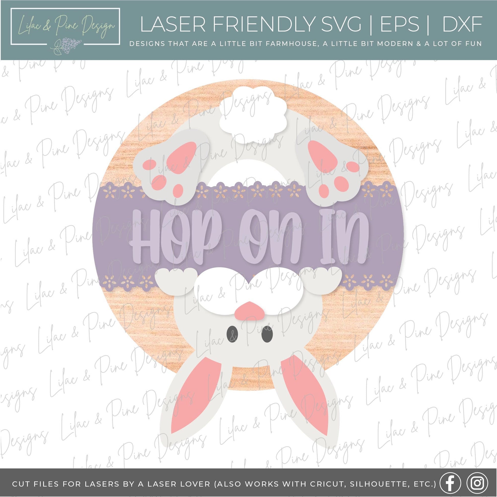 Hop on in sign SVG, bunny welcome sign SVG, Easter bunny door hanger svg, spring decor, Easter wall art, Glowforge SVG, laser cut file