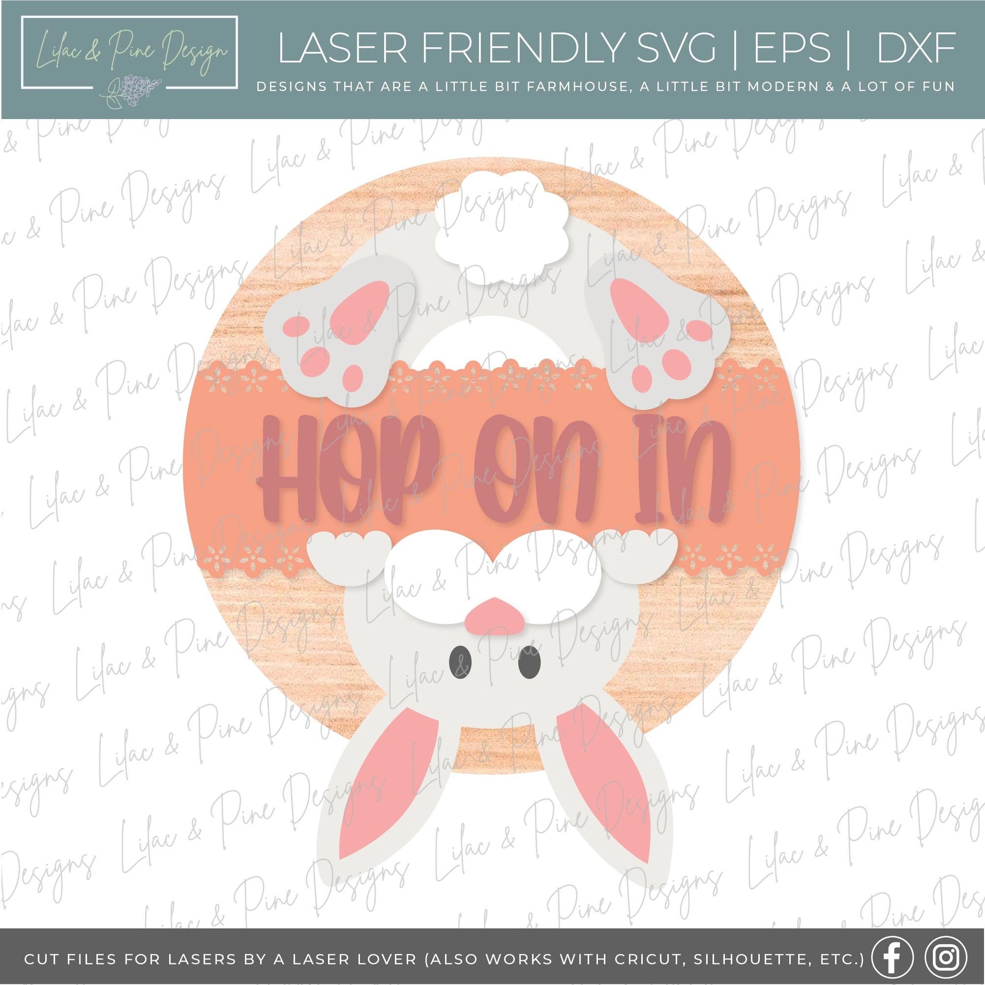 Hop on in sign SVG, bunny welcome sign SVG, Easter bunny door hanger svg, spring decor, Easter wall art, Glowforge SVG, laser cut file