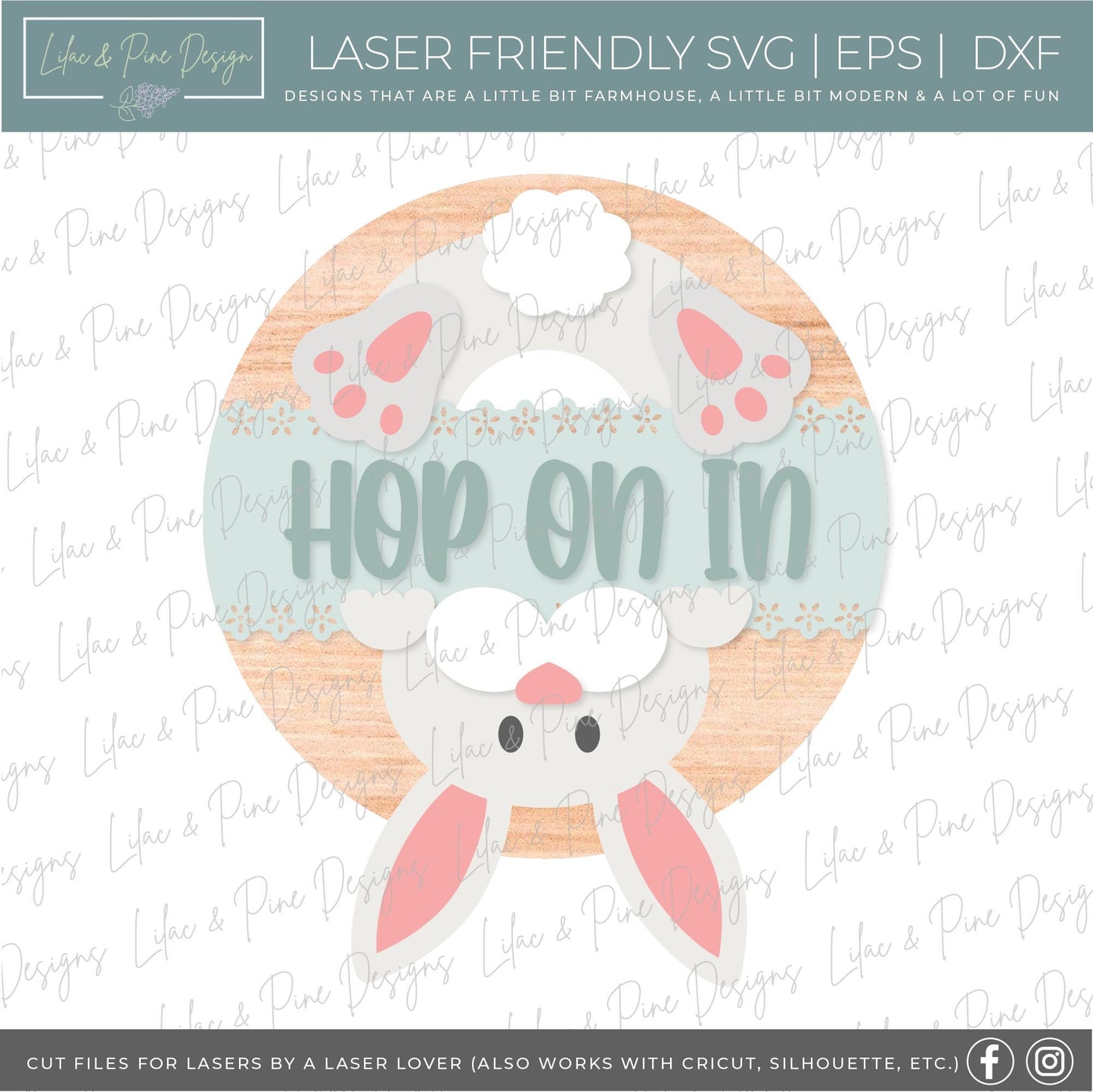 Hop on in sign SVG, bunny welcome sign SVG, Easter bunny door hanger svg, spring decor, Easter wall art, Glowforge SVG, laser cut file