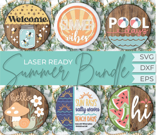 Summer welcome sign bundle, summer vibes door hanger SVG, mushroom SVG, pool svg, beach svg, watermelon svg,  Glowforge SVG, laser cut file