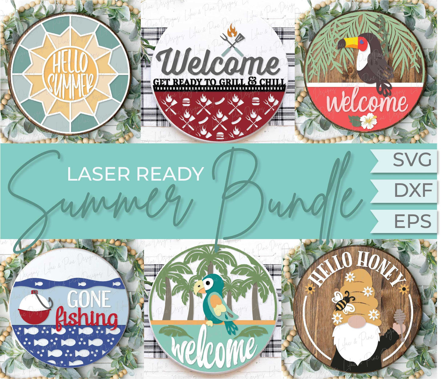 Summer welcome sign bundle, round door hanger sign, toucan SVG, tropical svg, sun quilt SVG, grill sign. Glowforge SVG, laser cut file