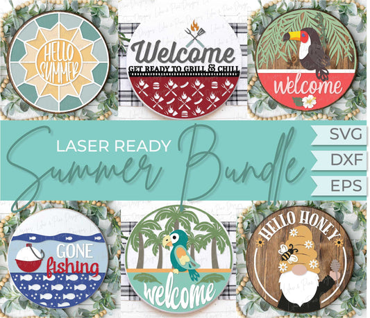 Summer welcome sign bundle, round door hanger sign, toucan SVG, tropical svg, sun quilt SVG, grill sign. Glowforge SVG, laser cut file