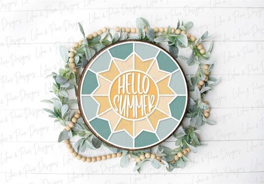 Hello Summer sign, Sunshine door hanger SVG, Summer Welcome sign, Summer Quilt round sign svg, summer decor, Glowforge SVG, laser cut file