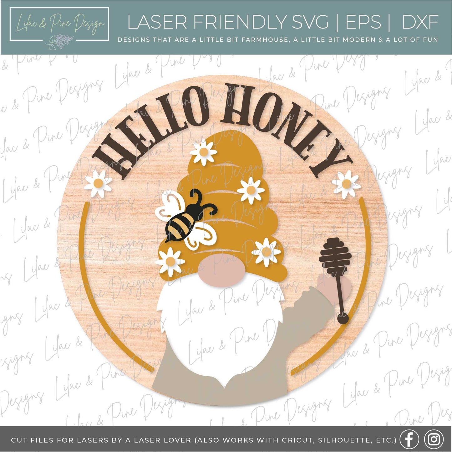 Hello Honey sign SVG, Gnome door hanger svg, Bee Welcome sign SVG, round Summer sign, porch decor, Cricut, Glowforge SVG, laser cut file