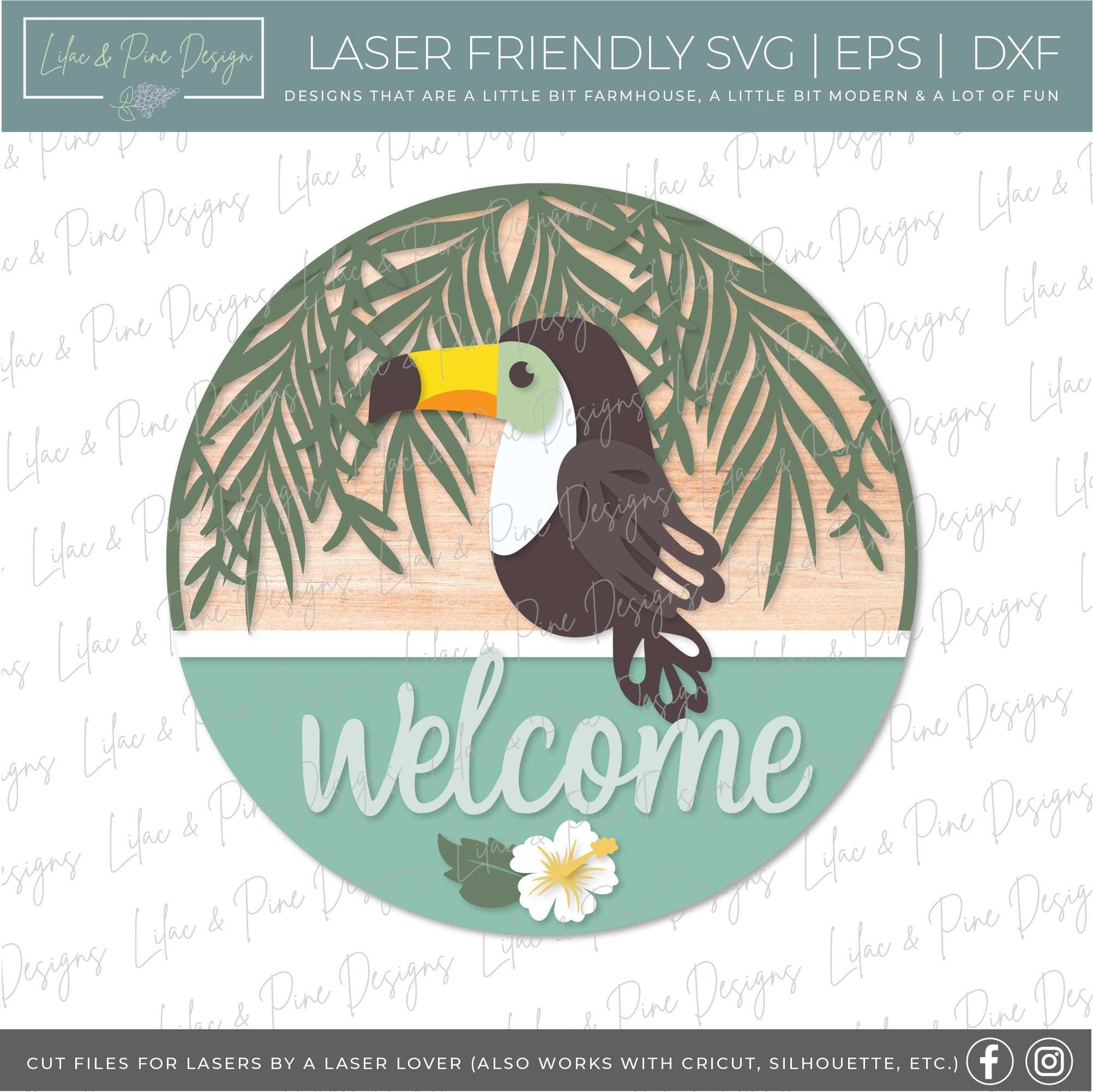 toucan welcome sign SVG, summer door hanger SVG, tropical decor svg, hibiscus round sign svg, Cricut file, Glowforge SVG, laser cut file
