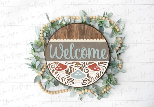 Mushroom door hanger SVG, woodland welcome sign SVG, Forest round sign svg, porch sign, mushroom decor, Glowforge cut file, laser SVG file