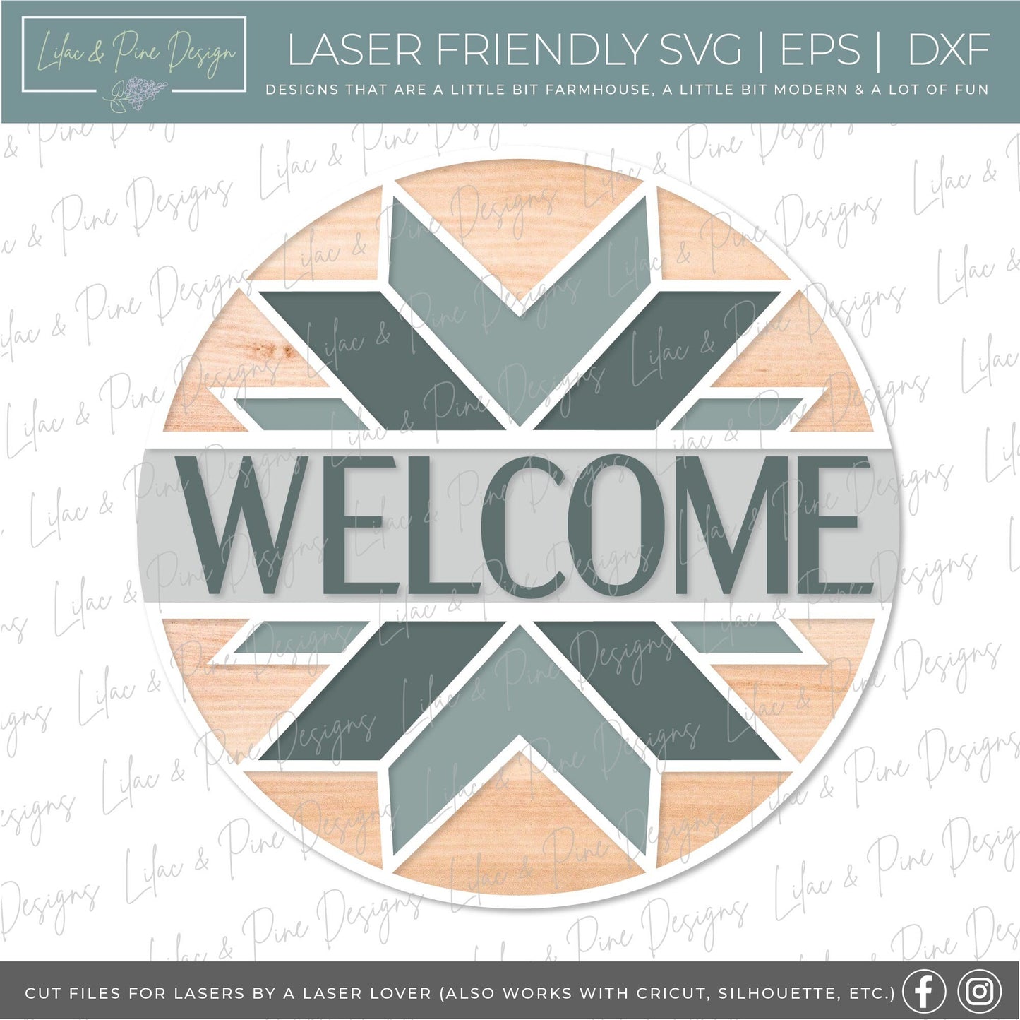 Welcome stained glass quilt round, quilt lover SVG, Welcome SVG, front door decor, round wood sign, name sign, Glowforge Svg, laser cut file