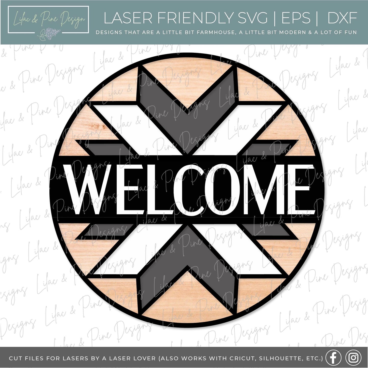 Welcome stained glass quilt round, quilt lover SVG, Welcome SVG, front door decor, round wood sign, name sign, Glowforge Svg, laser cut file