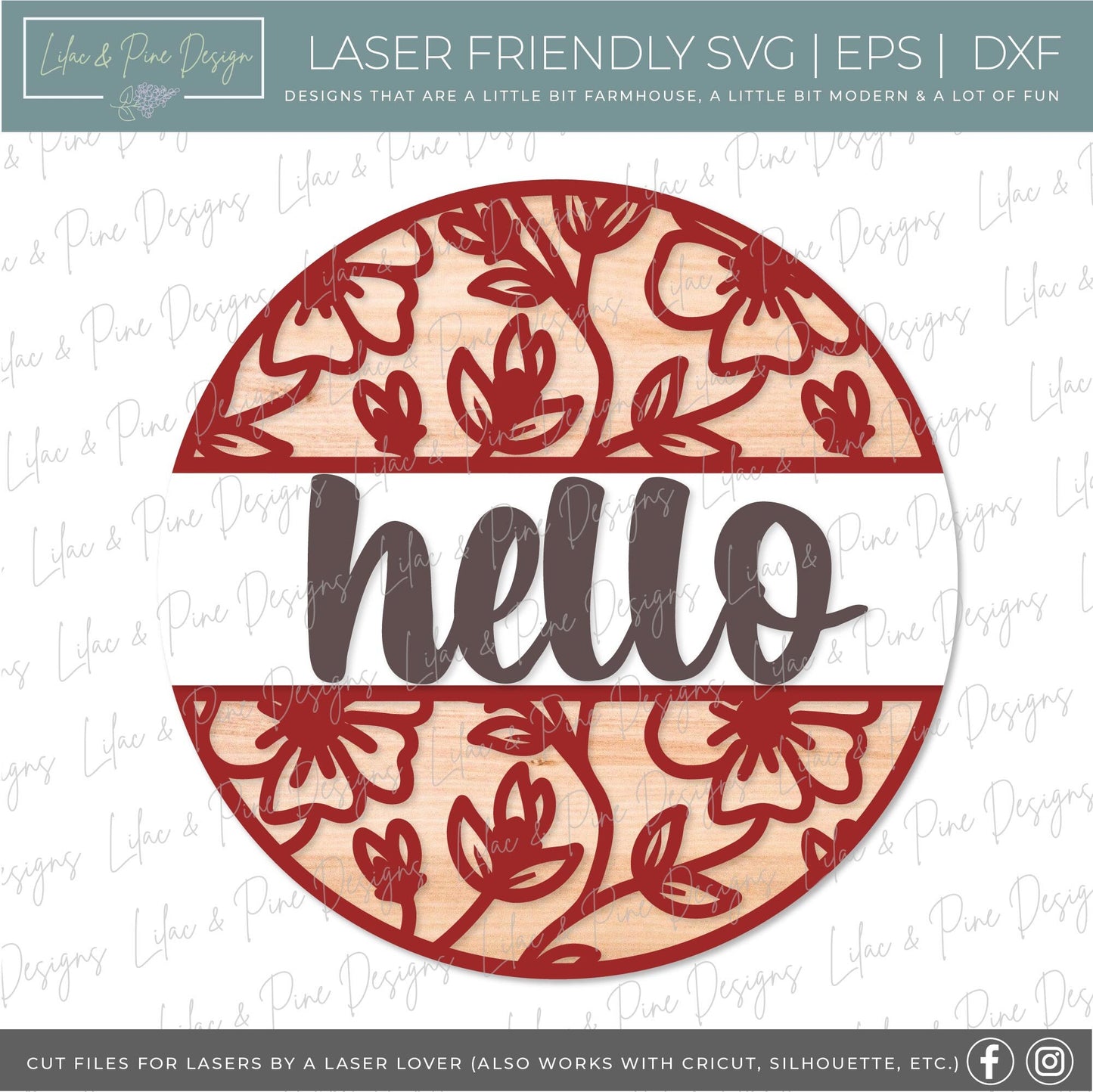 Hello floral sign, flower SVG, Welcome SVG, front door decor, round wood sign, floral svg, porch decor SVG, Glowforge Svg, laser cut file