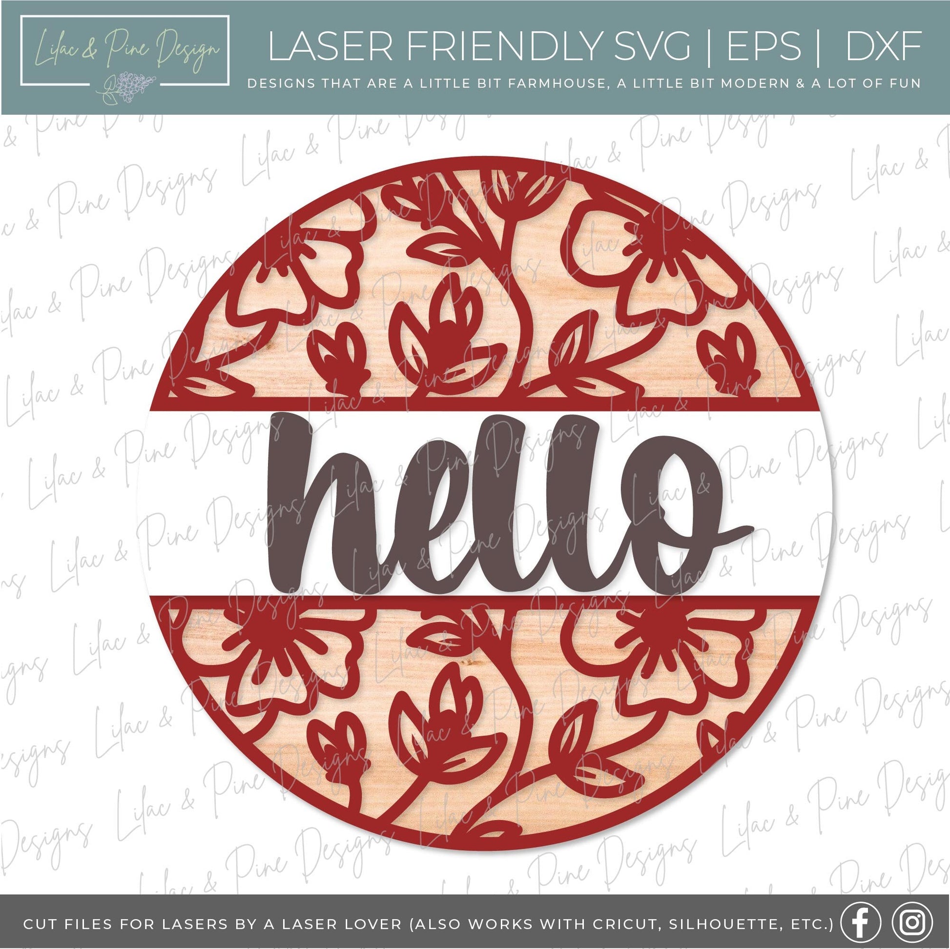 Hello floral sign, flower SVG, Welcome SVG, front door decor, round wood sign, floral svg, porch decor SVG, Glowforge Svg, laser cut file