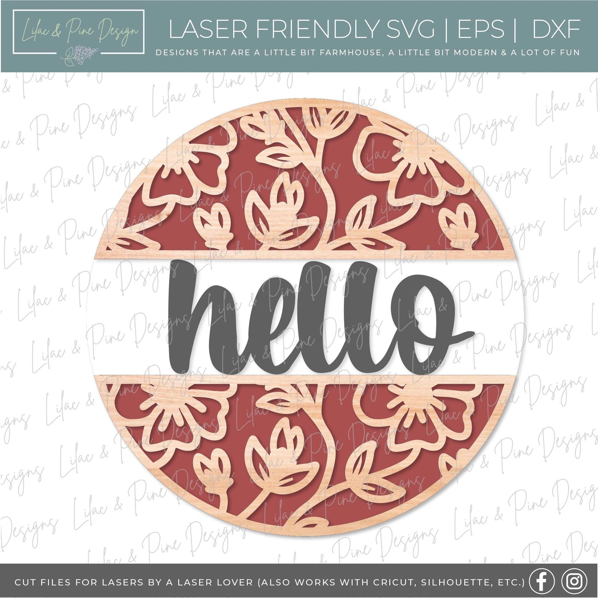 Hello floral sign, flower SVG, Welcome SVG, front door decor, round wood sign, floral svg, porch decor SVG, Glowforge Svg, laser cut file