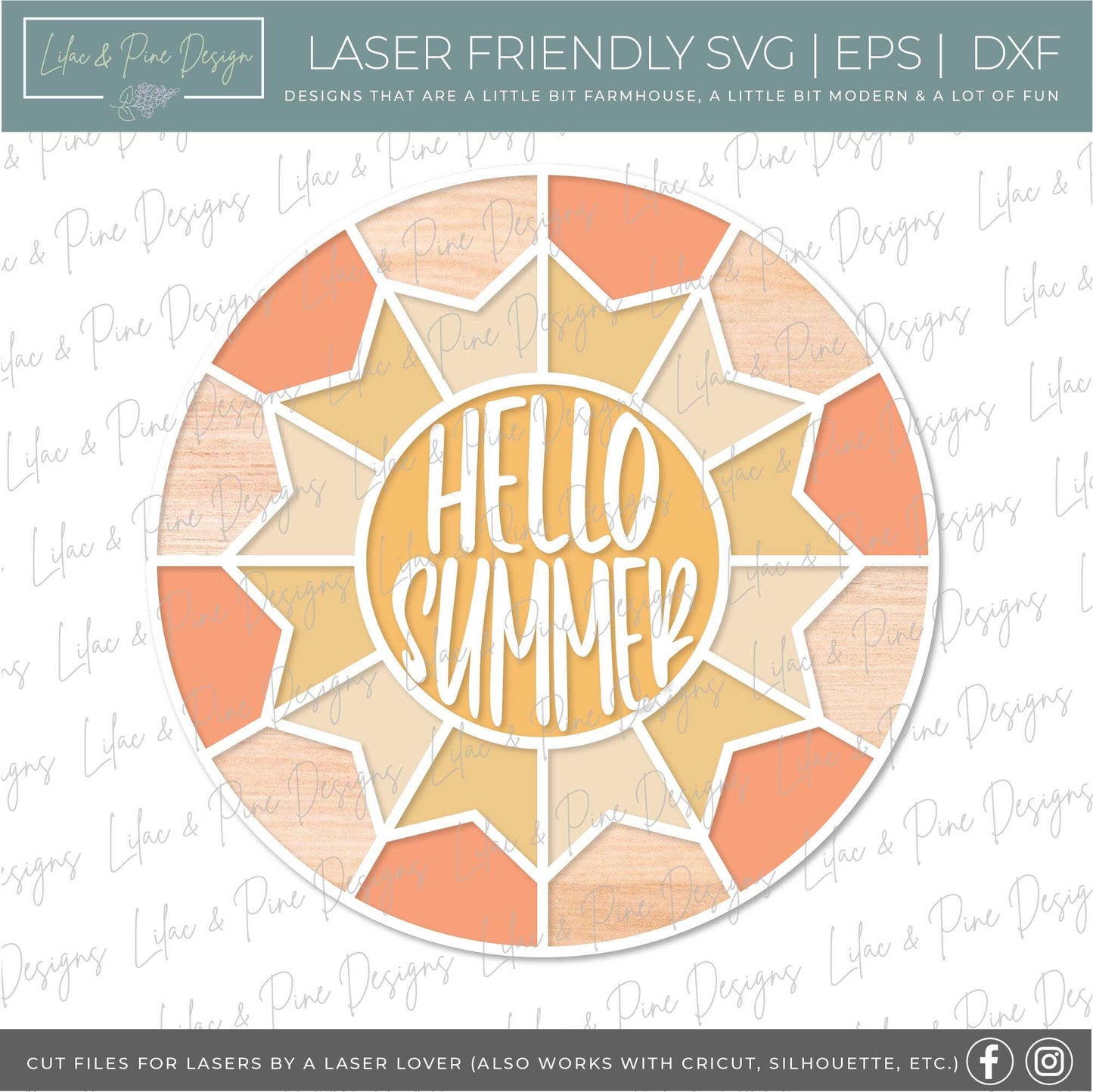 Hello Summer sign, Sunshine door hanger SVG, Summer Welcome sign, Summer Quilt round sign svg, summer decor, Glowforge SVG, laser cut file