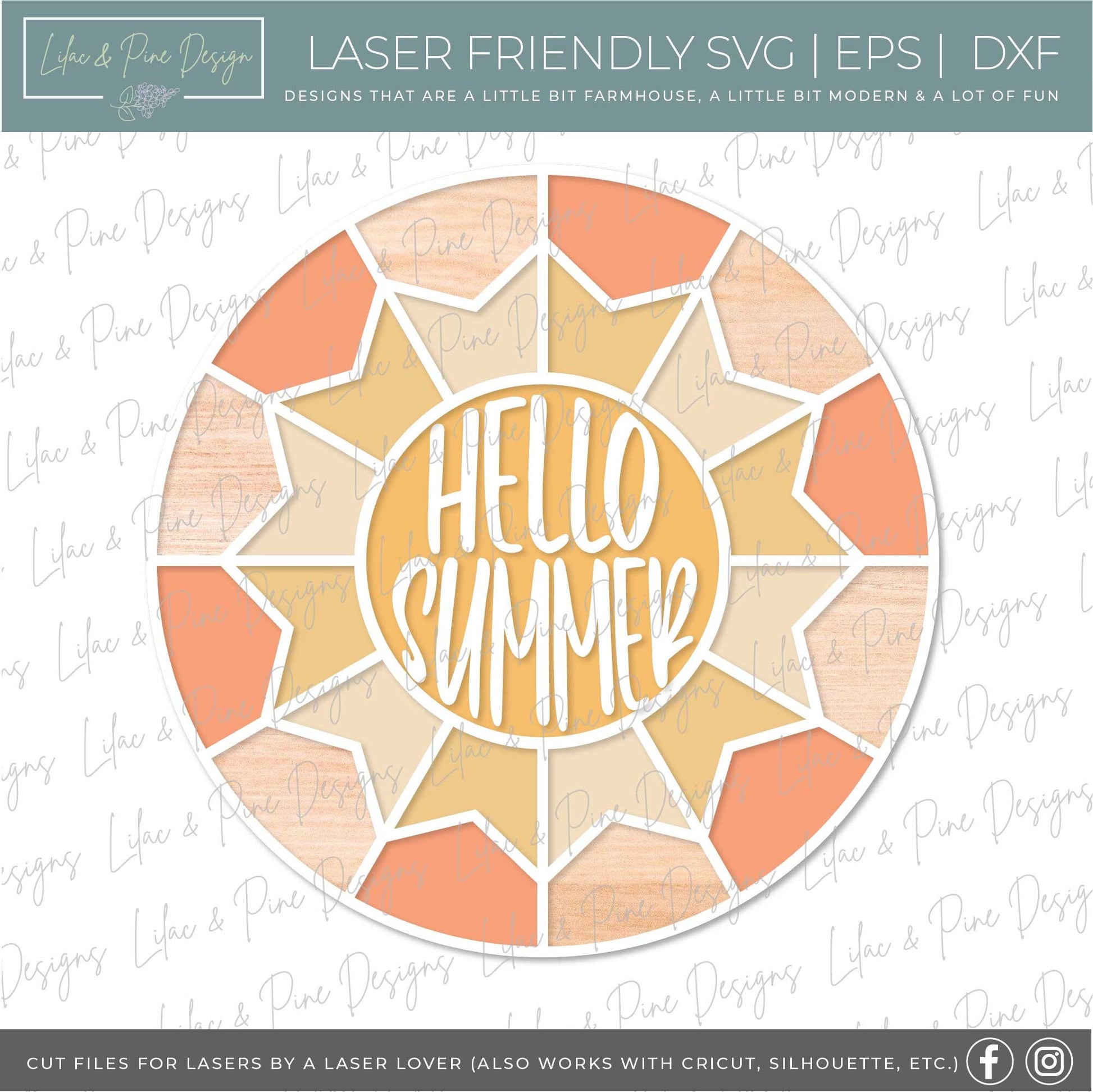 Hello Summer sign, Sunshine door hanger SVG, Summer Welcome sign, Summer Quilt round sign svg, summer decor, Glowforge SVG, laser cut file