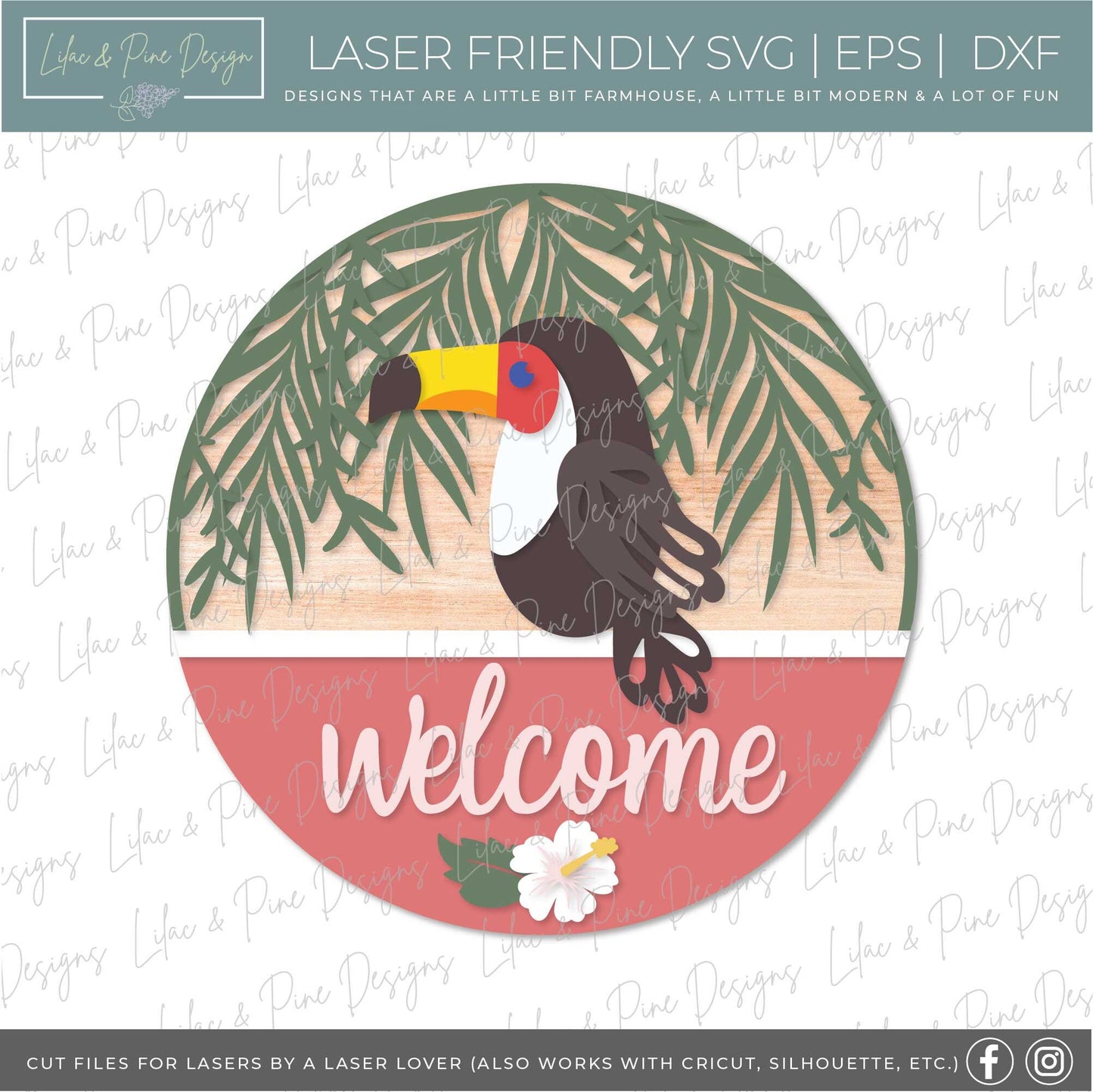 toucan welcome sign SVG, summer door hanger SVG, tropical decor svg, hibiscus round sign svg, Cricut file, Glowforge SVG, laser cut file